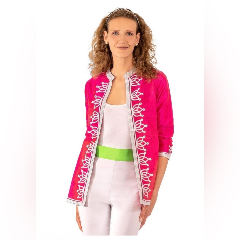 Bright Fuchsia Embroidered Jacket with White Trim